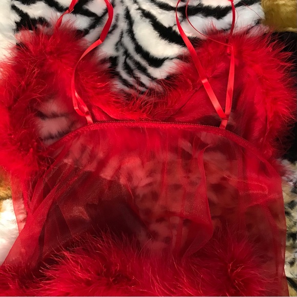 Romantic Sheer Babydoll Feather Fuzzy Fur Trim Chemise Camisole Lingerie Top - Picture 6 of 6